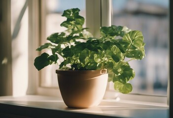 Indoor potted plant on window sill in sunny day at home close up