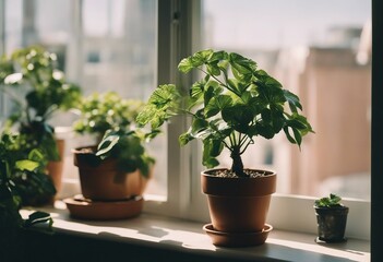 Indoor potted plant on window sill in sunny day at home
