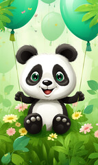 Illustration of cute panda with balls, cartoon design. Funny portrait of happy smiling panda on green forest background with air balloons. Children Birthday card with copy space.