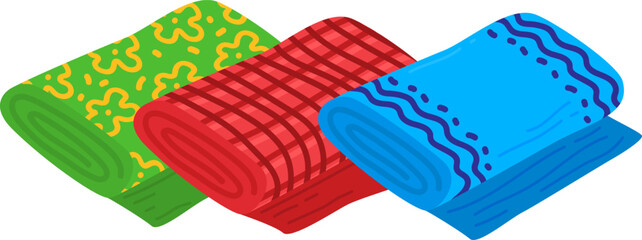 Three colorful beach towels rolled up. Red, blue, and green patterned towels for summer vacation. Beach accessories and summer holiday vector illustration.