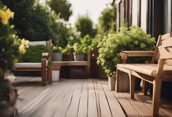 Foto op Plexiglas Wood deck outdoor furniture at the modern terrace with  floor and green potted plants © FrameFinesse