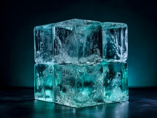 Crystal Clear Melting Ice Cube on Dark Background created with Generative AI technology