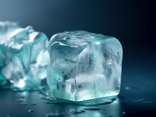 Crystal Clear Melting Ice Cube on Dark Background created with Generative AI technology