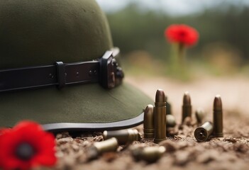 Soldier green hat with bullets and a red poppy flower Remembrance Day Armistice Day Anzac day background  - obrazy, fototapety, plakaty