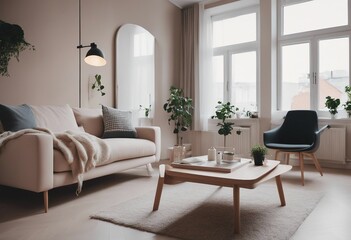 Small studio apartment in Scandinavian style with stylish design in white colors with big windows