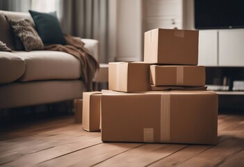 Stack of cardboard boxes with household belongings on a wooden floor in living room