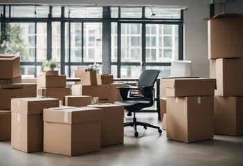 Fototapeta premium Stack of cardboard boxes with office chair in an empty office room