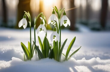 Snowdrops blooming covered in snow. First spring flowers growing in forest.