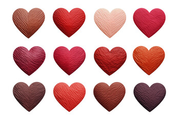 Set of different texture color hearts or love shapes isolated on transparent background.