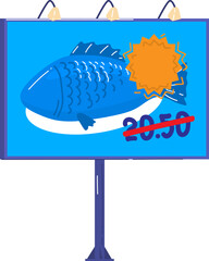 Billboard with blue background showing stylized fish and discount price tag. Sale advertisement and price reduction vector illustration.