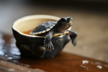 baby turtle emerging from a small cup. Generative AI
