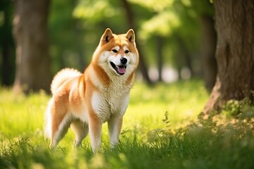 Naklejka na ściany i meble Young Akita Inu dog on green grass in the park