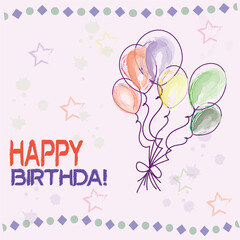 Happy Birthday Card with doodle hand drawn balloons. Vector illustration
