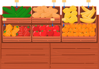 Wooden crates with fresh vegetables and fruits display. Market stall with tomatoes, bananas, oranges vector illustration. Grocery store fresh produce section concept.