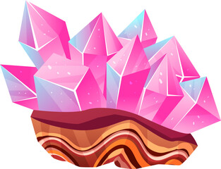 Colorful crystal cluster on striated rock base. Geometric pink minerals illustration. Nature wonders and geology vector illustration.