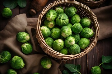 Fresh brussels sprouts in bowl on wooden background