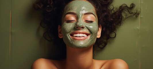 Face mask with extract of green tea for woman face. Green tea mask for face. Horizontal photo for banners, posters, gift cards, advertising.