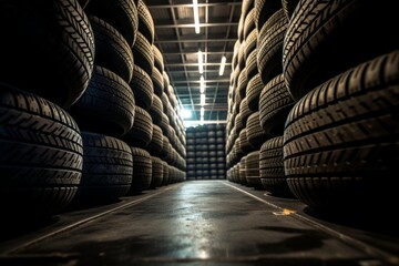 A tire shop photo, showing many tires stacked, with bright light. A clear picture of a tire with more tires behind it.