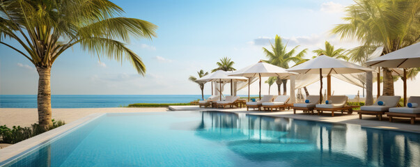 Fototapeta premium Luxury hotel with swimming pool. Best for summer holiday location. Sea or ocean in backgorund. Palms, loungers, umbrellas for perfect comfort