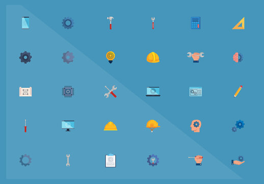 Blue and Yellow Engineering Technology Tools Flat Icons Set