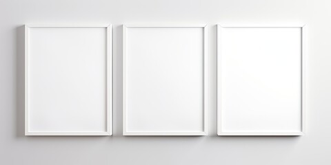 Four square frames with passe-partout on a white wall. Wooden frame and poster mockup. Modern, minimal and clean design. Empty frame for indoor use, suitable for displaying text or a product.