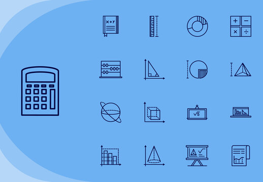 Blue Mathematics Icons Set Minimalist Line Art Design