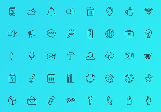 Black Line Flat Minimal User Interface Icons Set