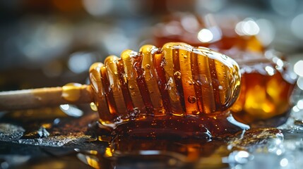 Honey dripping from a wooden honey dipper. Selective focus. - obrazy, fototapety, plakaty