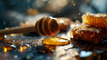 Honey dripping from a wooden honey dipper on a dark background - obrazy, fototapety, plakaty