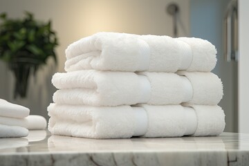 Pile of fluffy white bath towels stacked on a white marble vanity in a luxury bathroom interior.