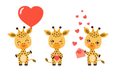 Cute valentine animal vector illustration. Kawaii giraffe holding heart shape balloon, cake, envelope paper hearts. Cartoon giraffe calf character flat icons love mascot for valentine day greeting.