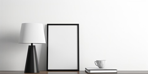 Coffee on books and modern lamp. Black picture frame mockup on bench, table. White wall background. Scandinavian bedroom.