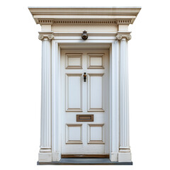 Front door with decorative details. Vintage wooden double door isolated on white.