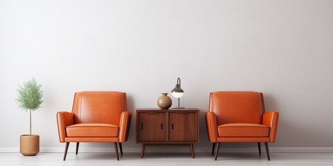 Luxury classic orange leather armchairs with lamp wooden cupboard living room background with copy space. - obrazy, fototapety, plakaty