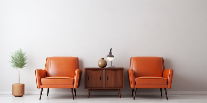 Luxury classic orange leather armchairs with lamp wooden cupboard living room background with copy space.