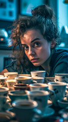A young woman looks exhausted amidst a sea of coffee cups, capturing a moment of overwhelm or burnout