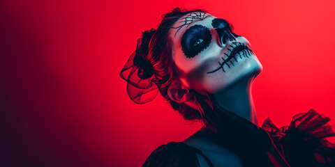 Stylish woman with halloween make up posing isolated on dark red background with red neon light effect with copy space for text.