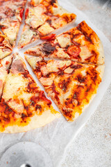 pizza cheese fresh jamon, tomato sauce, eating cooking meal food snack on the table copy space food background rustic top view