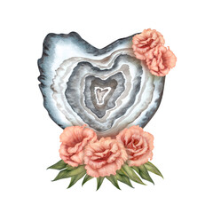 Watercolor heart with stone texture with eustoma flowers in a fashionable peach fuzz palette for Valentine's Day, horoscope, alchemy, magic, Halloween, for health amulet, postcard, stickers