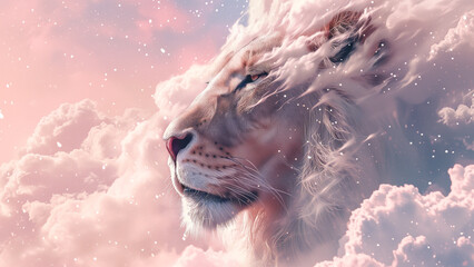 The side profile of a thoughtful lion with a snowy mane set against a dreamy pink sky in pastel colors
