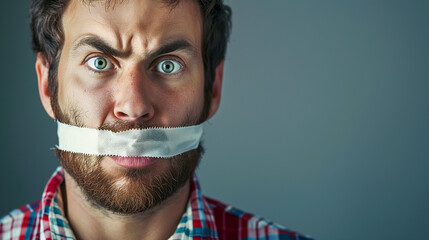 Portrait of an unhappy man with tape covered mouth, concept idea of freedom of speech and censoring, green background, copy space, horizontal 16:9