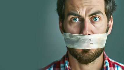Portrait of an unhappy man with tape covered mouth, concept idea of freedom of speech and censoring, green background, copy space, horizontal 16:9