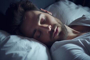 Cute man sleeping in bed at night