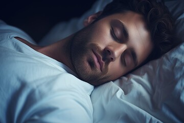 Cute man sleeping in bed at night