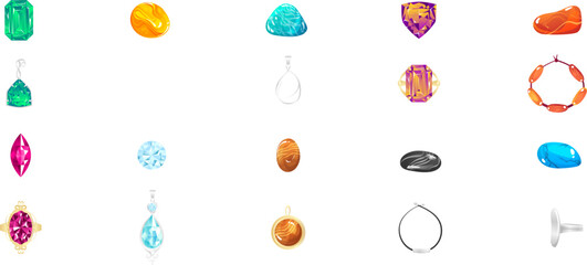 Assorted precious gemstones and jewelry pieces arranged on a white background. Colorful gems, rings, and earrings set design. Luxury accessories and fashion elements vector illustration.