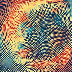 Colorful halftone spiral pattern, abstract dot art with blue, orange, and yellow, retro comic style background.