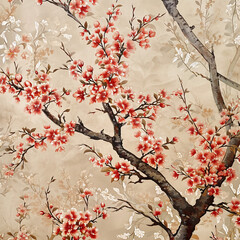 Watercolor painting of cherry blossom tree, seamless pattern on beige background