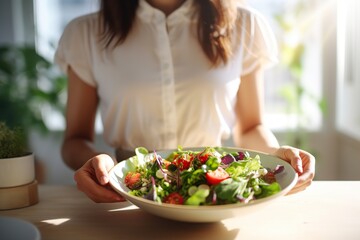 Obraz na płótnie Canvas Beautiful woman eating healthy salad in the kitchen