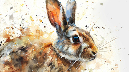 Expressive watercolor hare with dynamic splashes,  for natural themes or artistic expression.