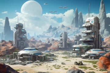 Human settlement on an alien extraterrestrial planet, extraterrestrial civilizations, space exploration and interstellar colonization missions - obrazy, fototapety, plakaty